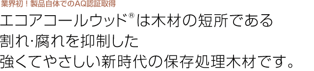 エコアコールウッドは木材の短所である割れ・腐れを抑制した強くてやさしい新時代の保存処理木材です。